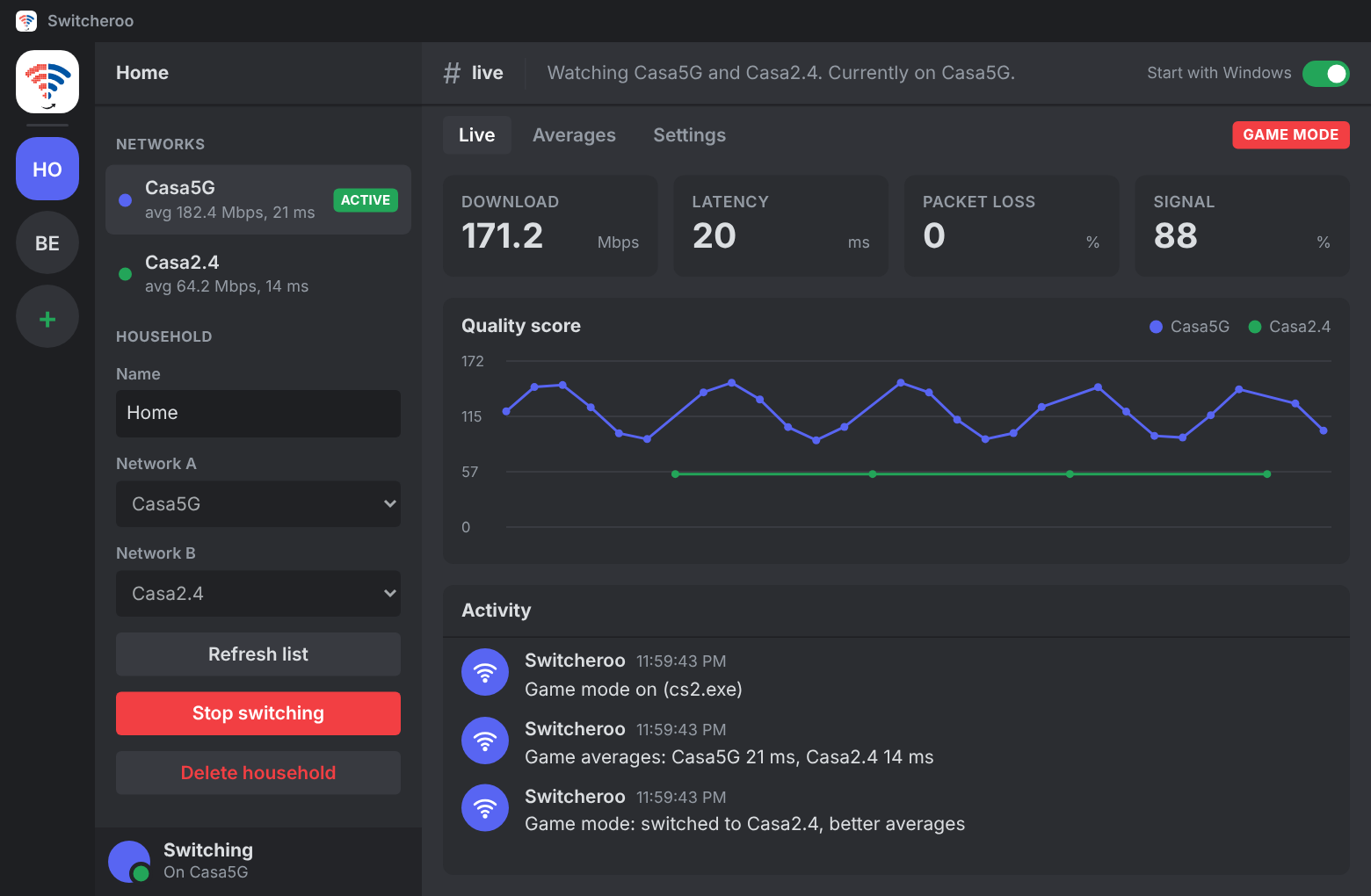 Switcheroo in game mode with the activity feed saying it switched to the network with better averages