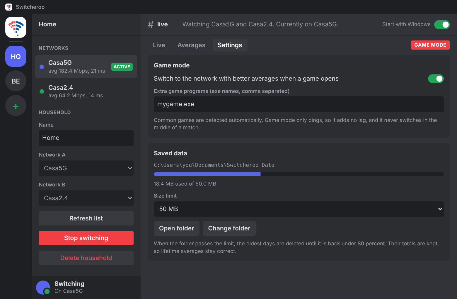The Settings tab with game mode, extra game programs and the saved data folder with its size limit
